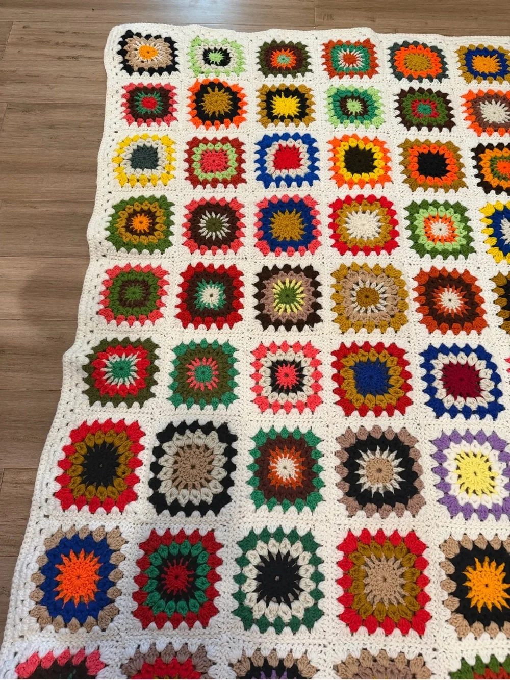 Handmade Multicolor Crochet Granny Square Blanket - White Border